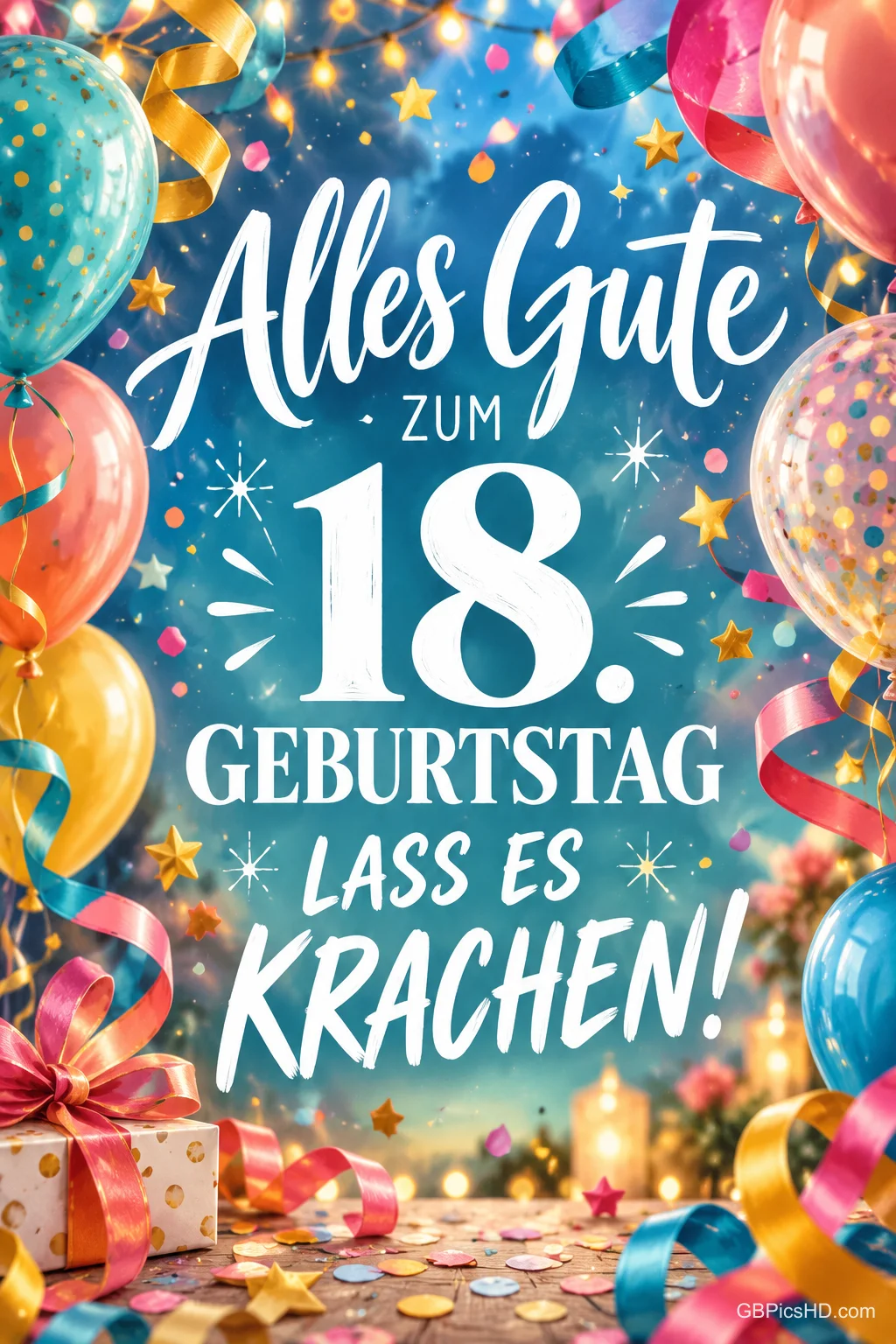 Bunte Ballons, Luftschlangen und Geschenke rahmen "Alles Gute ZUM 18. GEBURTSTAG LASS ES KRACHEN!" ein.