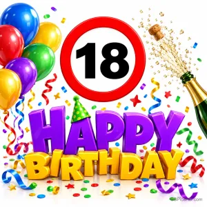 Bunte Ballons, Konfetti und eine spritzende Sektflasche umrahmen die Aufschrift "18 HAPPY BIRTHDAY".