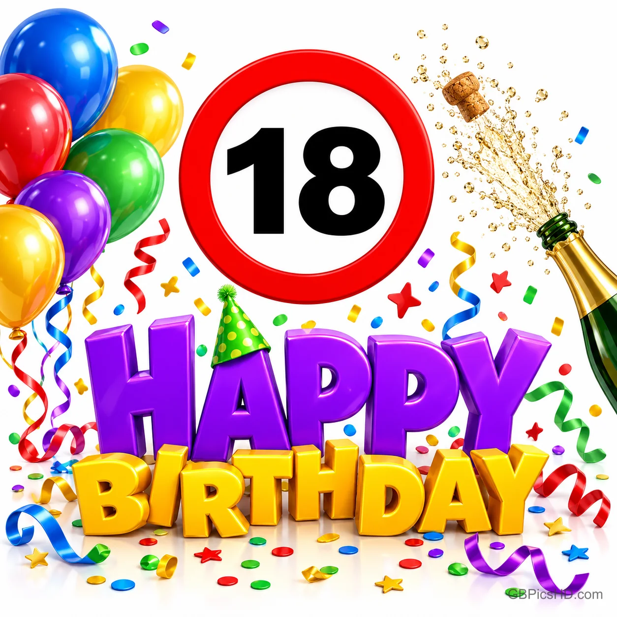 Bunte Ballons, Konfetti und eine spritzende Sektflasche umrahmen die Aufschrift "18 HAPPY BIRTHDAY".