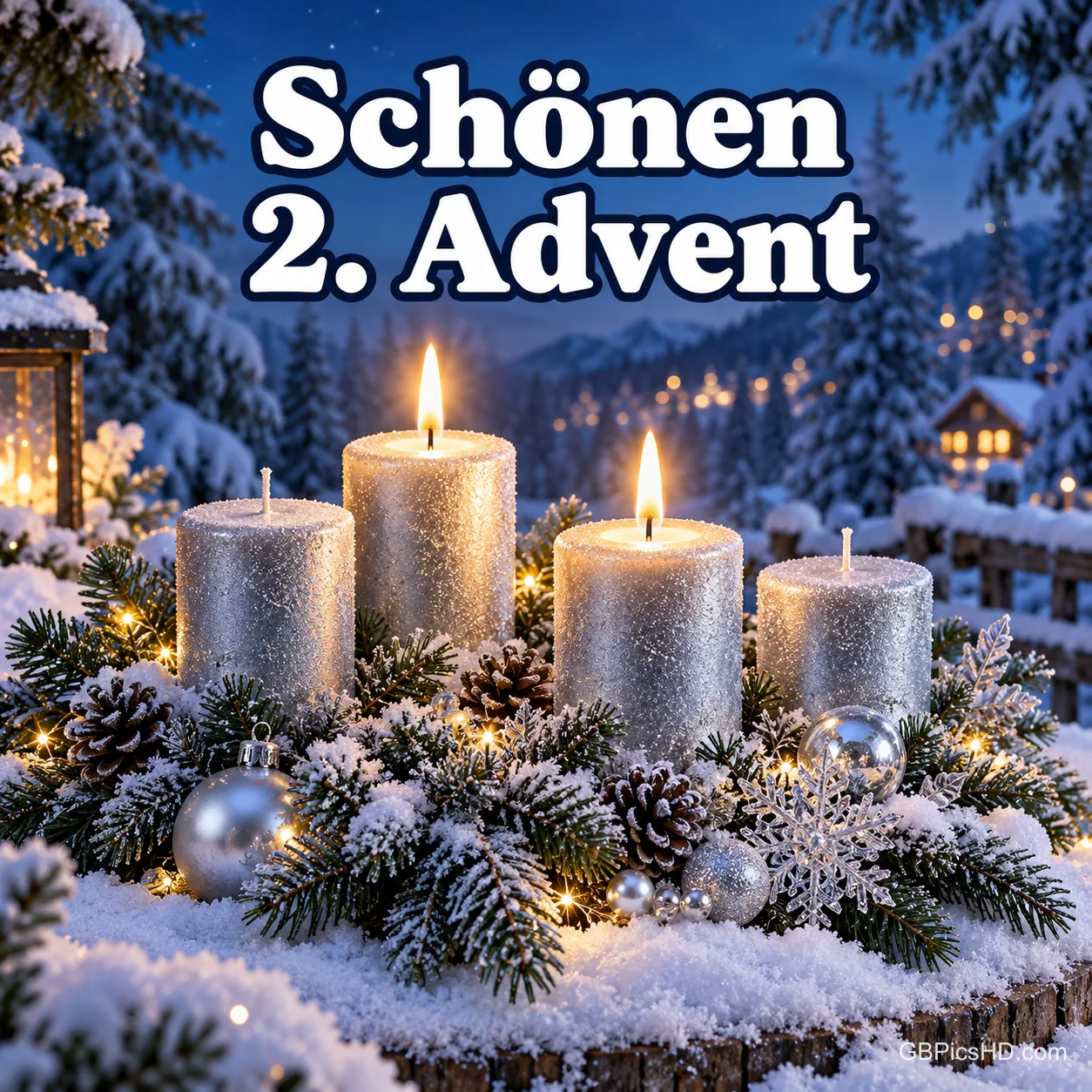 Vier silberne Kerzen in einem verschneiten Gesteck mit Tannengrün und Kugeln, zwei davon brennen, vor einem Winterdorf bei Nacht, Schrift "Schönen 2. Advent"