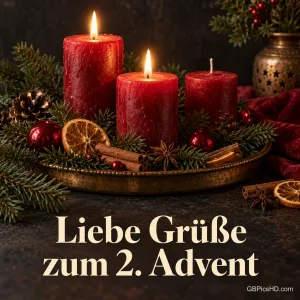 Drei rote Kerzen auf einem Messingtablett mit Orangenscheiben, Zimtstangen, Sternanis und Tannenzweigen, zwei davon brennen, darunter "Liebe Grüße zum 2. Advent"