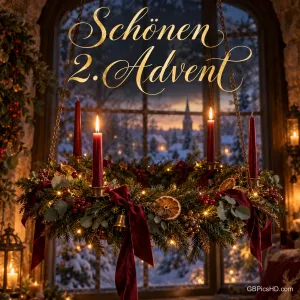 Ein hängender Adventskranz mit vier roten Kerzen, davon zwei brennend, schmückt das Fenster unter "Schönen 2. Advent".
