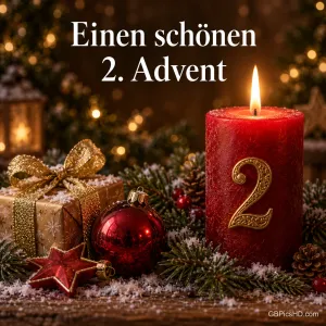 Rote Kerze mit goldener Zahl 2 neben einem Geschenk mit Goldschleife, roter Kugel und Stern auf Tannengrün vor Lichterglanz, Schrift "Einen schönen 2. Advent"