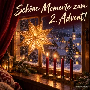 Ein leuchtender Stern hängt über vier roten Kerzen, davon zwei brennend, unter "Schöne Momente zum 2. Advent!".