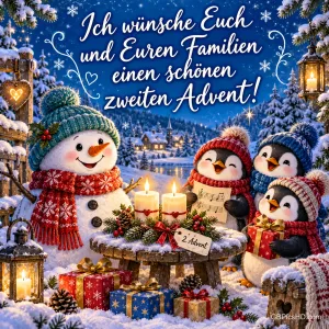 Ein Schneemann und drei singende Pinguine mit Strickmützen feiern um einen Tisch mit zwei brennenden Kerzen, Geschenken und Laternen in einem verschneiten Dorf