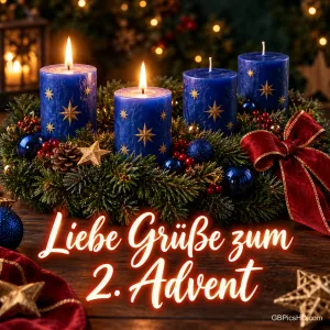 Adventskranz mit vier blauen Sternenkerzen, zwei davon brennen, mit Tannengrün, roten Schleifen und blauen Kugeln, davor leuchtende Schreibschrift "Liebe Grüße zum 2. Advent"