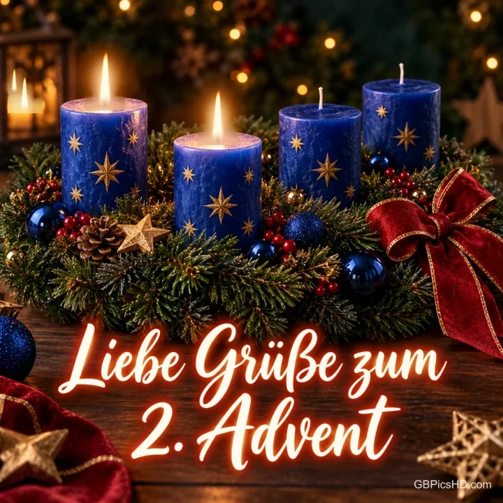 Adventskranz mit vier blauen Sternenkerzen, zwei davon brennen, mit Tannengrün, roten Schleifen und blauen Kugeln, davor leuchtende Schreibschrift "Liebe Grüße zum 2. Advent"