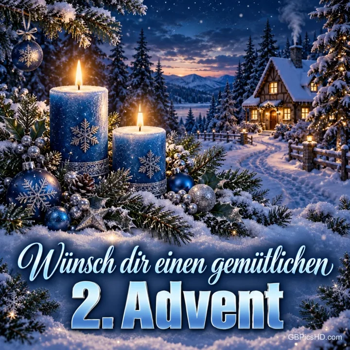 Zwei brennende blaue Kerzen mit Schneeflockenmuster, Kugeln und Tannengrün vor einer verschneiten Winterlandschaft mit Hütte, Schrift "Wünsch dir einen gemütlichen 2. Advent"