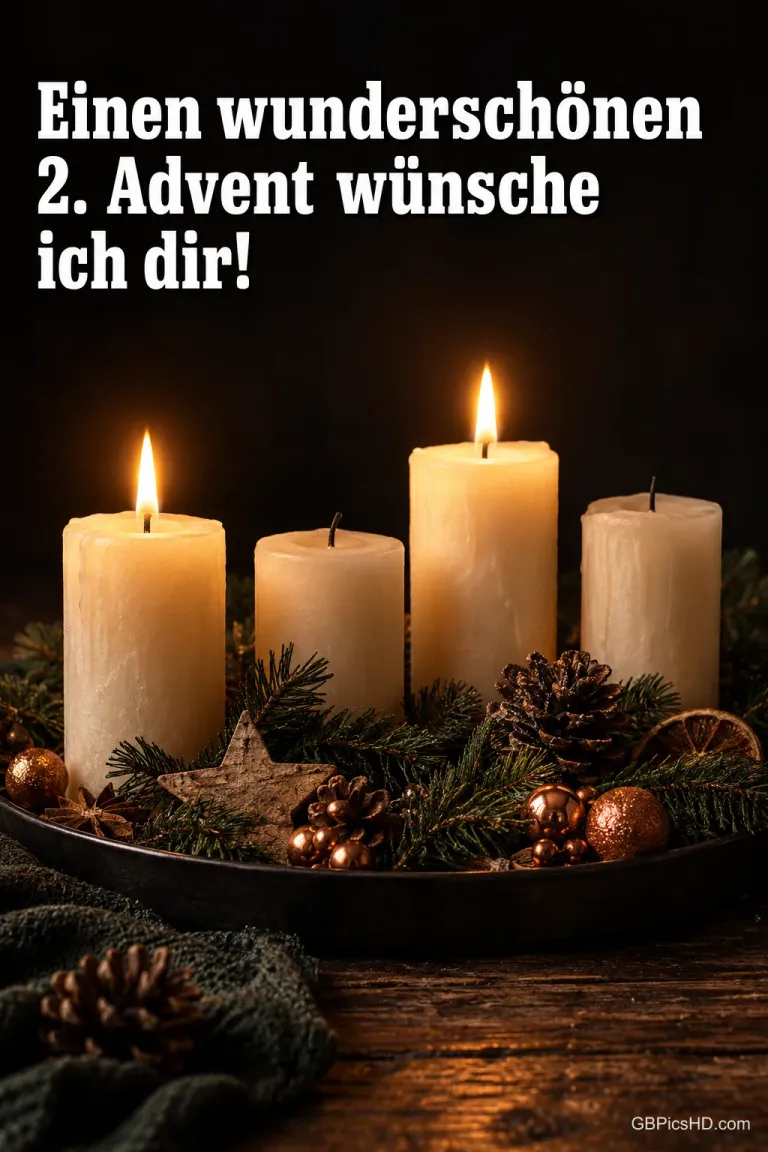 Adventsgesteck mit vier weißen Kerzen, von denen zwei brennen, dazu Tannenzweige, Zapfen und Kugeln auf einem dunklen Holztisch