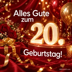 Leuchtende goldene Zahl 20 auf rotem Samt mit Rosen, Luftballons und goldenen Bändern, dazu der Glückwunsch "Alles Gute zum 20. Geburtstag!".