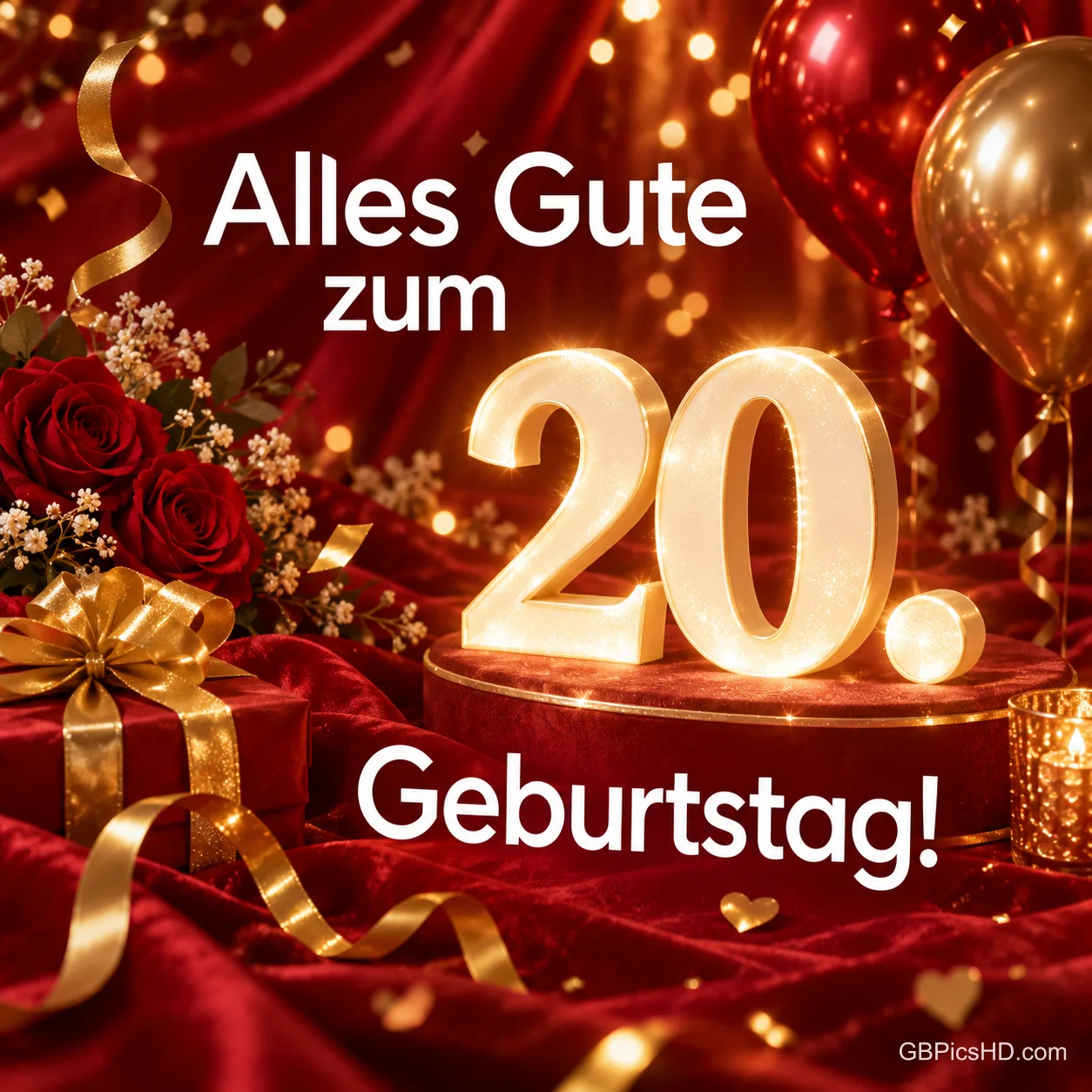 Leuchtende goldene Zahl 20 auf rotem Samt mit Rosen, Luftballons und goldenen Bändern, dazu der Glückwunsch "Alles Gute zum 20. Geburtstag!". Leuchtende goldene Zahl 20 auf rotem Samt mit Rosen, Luftballons und goldenen Bändern, dazu der Glückwunsch "Alles Gute zum 20. Geburtstag!".