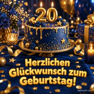 Eine dunkelblaue Torte mit goldenen Sternen und Kerzen in Form der Zahl 20, umgeben von Ballons und Geschenken, dazu "Herzlichen Glückwunsch zum Geburtstag!".