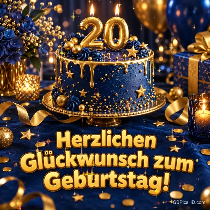 Eine dunkelblaue Torte mit goldenen Sternen und Kerzen in Form der Zahl 20, umgeben von Ballons und Geschenken, dazu "Herzlichen Glückwunsch zum Geburtstag!". Eine dunkelblaue Torte mit goldenen Sternen und Kerzen in Form der Zahl 20, umgeben von Ballons und Geschenken, dazu "Herzlichen Glückwunsch zum Geburtstag!".