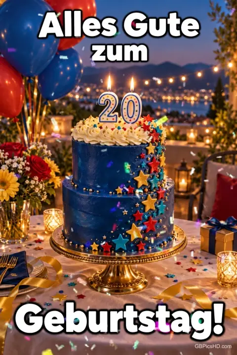 Eine blaue Etagentorte mit bunten Sternen und Kerzen in Form der Zahl 20 auf einer Terrasse am Abend, mit Ballons und Lichterketten. Eine blaue Etagentorte mit bunten Sternen und Kerzen in Form der Zahl 20 auf einer Terrasse am Abend, mit Ballons und Lichterketten.