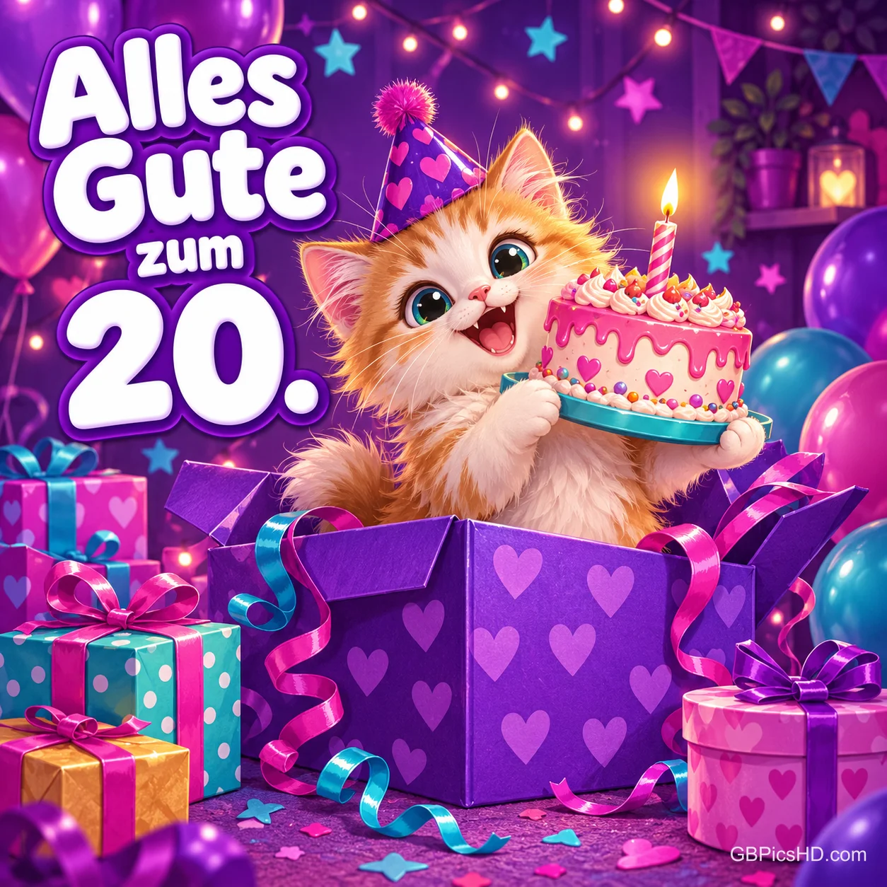 Ein fröhliches Kätzchen mit Partyhut springt mit einer rosa Torte aus einem Geschenkkarton, umgeben von Ballons und Luftschlangen, dazu "Alles Gute zum 20.". Ein fröhliches Kätzchen mit Partyhut springt mit einer rosa Torte aus einem Geschenkkarton, umgeben von Ballons und Luftschlangen, dazu "Alles Gute zum 20.".