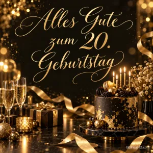 Eine schwarz-goldene Torte mit Kerzen, Sektgläser und Geschenke vor funkelndem Hintergrund mit dem Gruß "Alles Gute zum 20. Geburtstag".