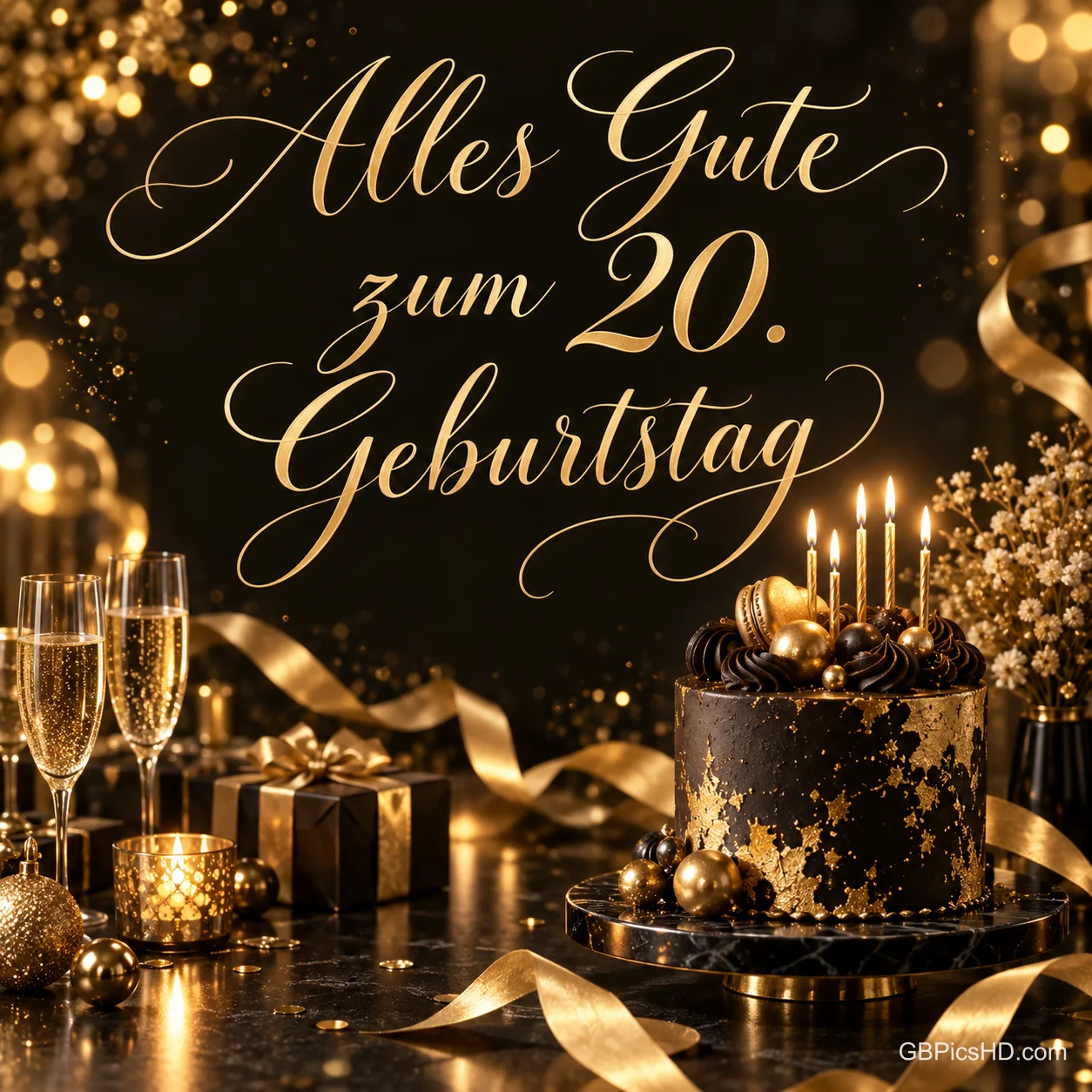 Eine schwarz-goldene Torte mit Kerzen, Sektgläser und Geschenke vor funkelndem Hintergrund mit dem Gruß "Alles Gute zum 20. Geburtstag". Eine schwarz-goldene Torte mit Kerzen, Sektgläser und Geschenke vor funkelndem Hintergrund mit dem Gruß "Alles Gute zum 20. Geburtstag".