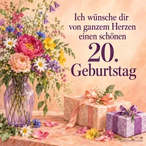 Ein bunter Blumenstrauß in einer Glasvase neben verpackten Geschenken mit dem Wunsch "Ich wünsche dir von ganzem Herzen einen schönen 20. Geburtstag".