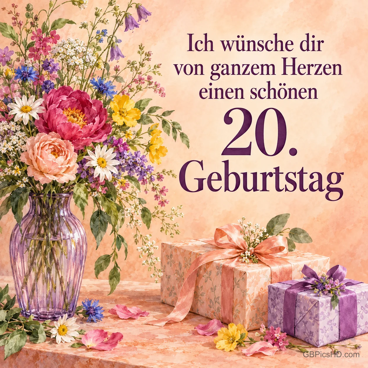 Ein bunter Blumenstrauß in einer Glasvase neben verpackten Geschenken mit dem Wunsch "Ich wünsche dir von ganzem Herzen einen schönen 20. Geburtstag". Ein bunter Blumenstrauß in einer Glasvase neben verpackten Geschenken mit dem Wunsch "Ich wünsche dir von ganzem Herzen einen schönen 20. Geburtstag".