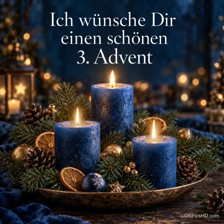Drei brennende blaue Kerzen auf einem Messingtablett mit Tannenzweigen, Orangenscheiben, Zapfen und goldenen Kugeln, darüber der Gruß zum schönen 3. Advent. Drei brennende blaue Kerzen auf einem Messingtablett mit Tannenzweigen, Orangenscheiben, Zapfen und goldenen Kugeln, darüber der Gruß zum schönen 3. Advent.