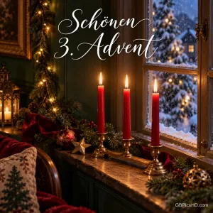 Drei rote Kerzen brennen auf der Fensterbank vor einer Schneelandschaft unter dem Gruß "Schönen 3. Advent".
