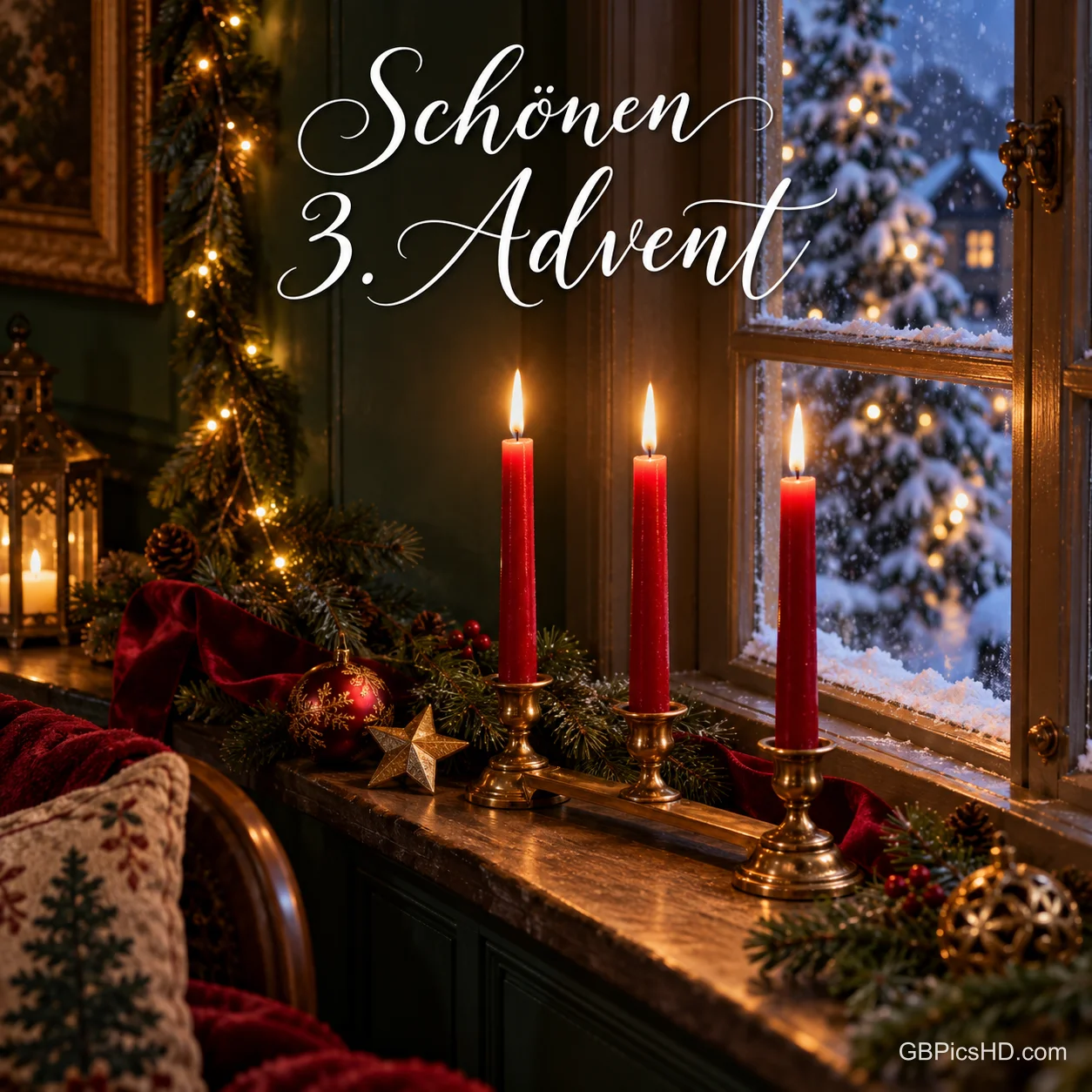 Drei rote Kerzen brennen auf der Fensterbank vor einer Schneelandschaft unter dem Gruß "Schönen 3. Advent". Drei rote Kerzen brennen auf der Fensterbank vor einer Schneelandschaft unter dem Gruß "Schönen 3. Advent".