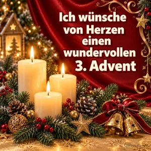 Drei brennende cremefarbene Kerzen mit Tannengrün, Glöckchen, Sternen und roter Schleife vor einem roten Samtvorhang, dazu ein herzlicher Wunsch zum 3. Advent.