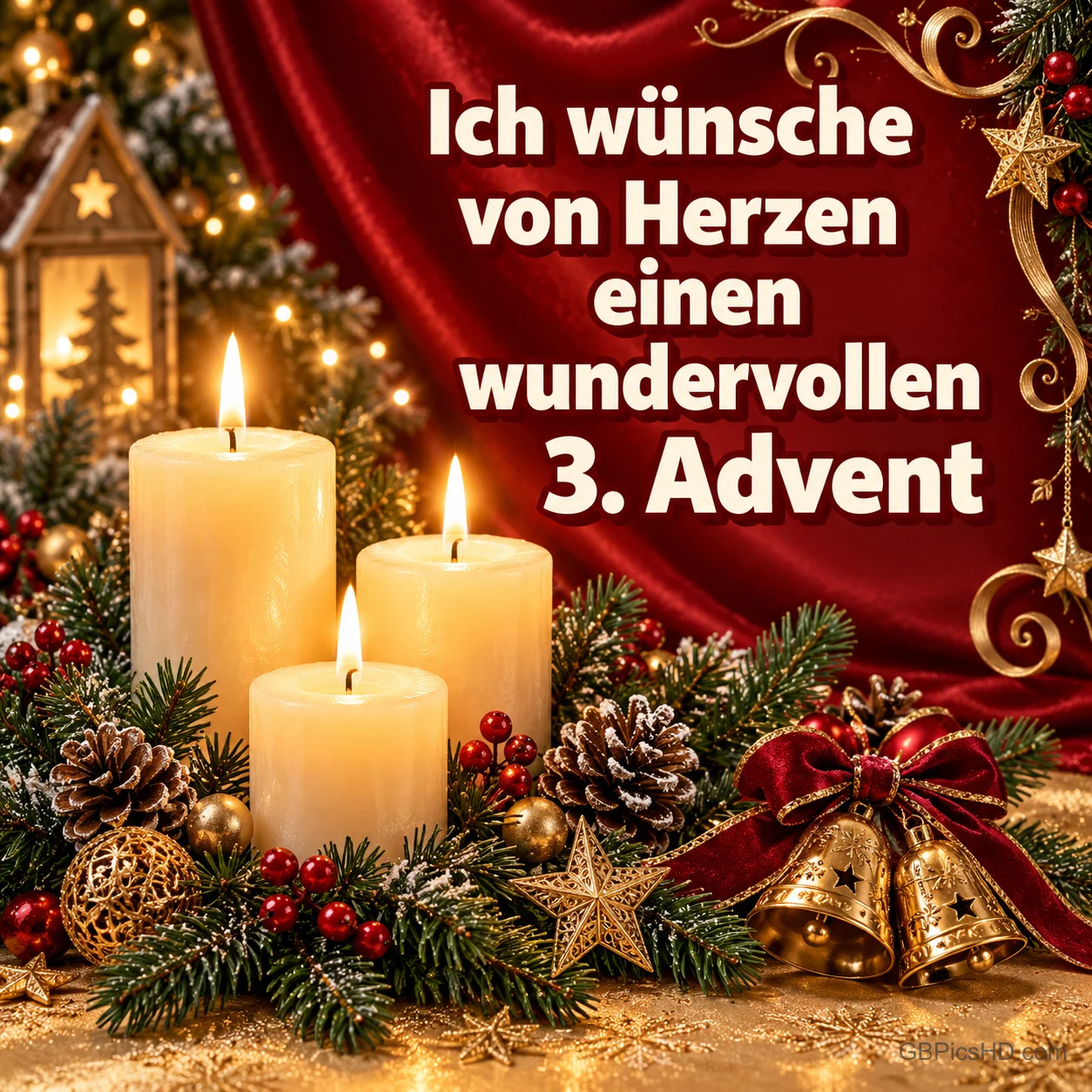 Drei brennende cremefarbene Kerzen mit Tannengrün, Glöckchen, Sternen und roter Schleife vor einem roten Samtvorhang, dazu ein herzlicher Wunsch zum 3. Advent. Drei brennende cremefarbene Kerzen mit Tannengrün, Glöckchen, Sternen und roter Schleife vor einem roten Samtvorhang, dazu ein herzlicher Wunsch zum 3. Advent.