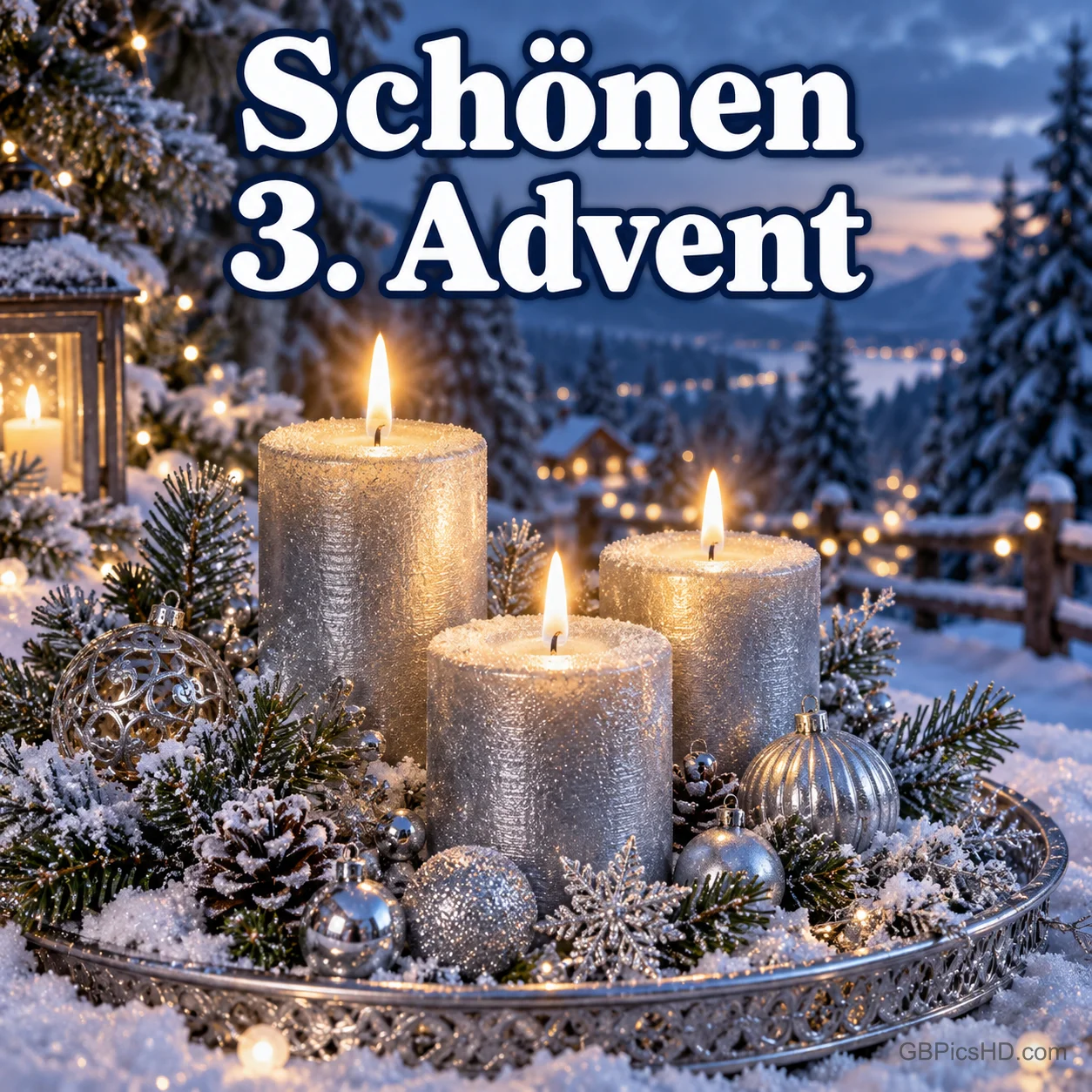 Drei brennende silberne Kerzen auf einem verschneiten Silbertablett mit Kugeln und Zapfen vor einer Winterlandschaft, oben in großer Schrift "Schönen 3. Advent". Drei brennende silberne Kerzen auf einem verschneiten Silbertablett mit Kugeln und Zapfen vor einer Winterlandschaft, oben in großer Schrift "Schönen 3. Advent".
