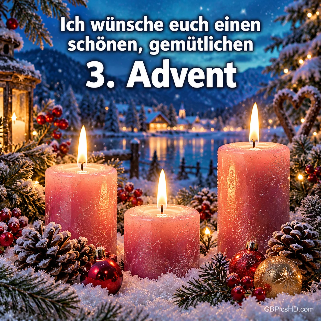 Drei brennende rosa Kerzen im Schnee mit Tannenzweigen, Zapfen und roten Kugeln, im Hintergrund ein beleuchtetes Dorf am See und der Gruß zum gemütlichen 3. Advent. Drei brennende rosa Kerzen im Schnee mit Tannenzweigen, Zapfen und roten Kugeln, im Hintergrund ein beleuchtetes Dorf am See und der Gruß zum gemütlichen 3. Advent.