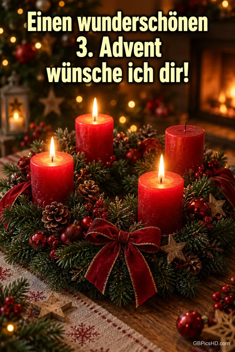Roter Adventskranz mit Samtschleife, Zapfen und Sternen, drei der vier roten Kerzen brennen, darüber der Wunsch "Einen wunderschönen 3. Advent wünsche ich dir!".