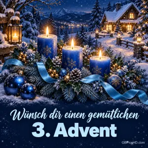 Drei brennende blaue Kerzen mit Tannengrün, Zapfen, blauen Kugeln und Satinband vor einer verschneiten Hütte bei Nacht, unten "Wünsch dir einen gemütlichen 3. Advent".