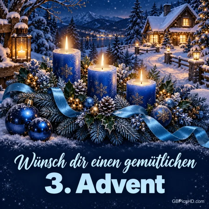 Drei brennende blaue Kerzen mit Tannengrün, Zapfen, blauen Kugeln und Satinband vor einer verschneiten Hütte bei Nacht, unten "Wünsch dir einen gemütlichen 3. Advent". Drei brennende blaue Kerzen mit Tannengrün, Zapfen, blauen Kugeln und Satinband vor einer verschneiten Hütte bei Nacht, unten "Wünsch dir einen gemütlichen 3. Advent".