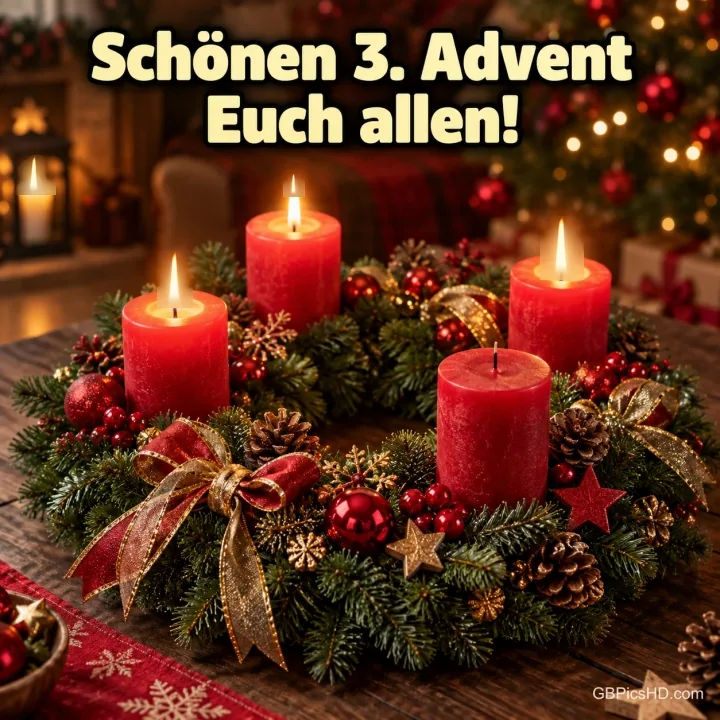 Adventskranz mit Tannengrün, roten Kugeln, Zapfen und goldener Schleife auf einem Holztisch, drei von vier roten Kerzen brennen, darüber der Gruß "Schönen 3. Advent Euch allen!" Adventskranz mit Tannengrün, roten Kugeln, Zapfen und goldener Schleife auf einem Holztisch, drei von vier roten Kerzen brennen, darüber der Gruß "Schönen 3. Advent Euch allen!"