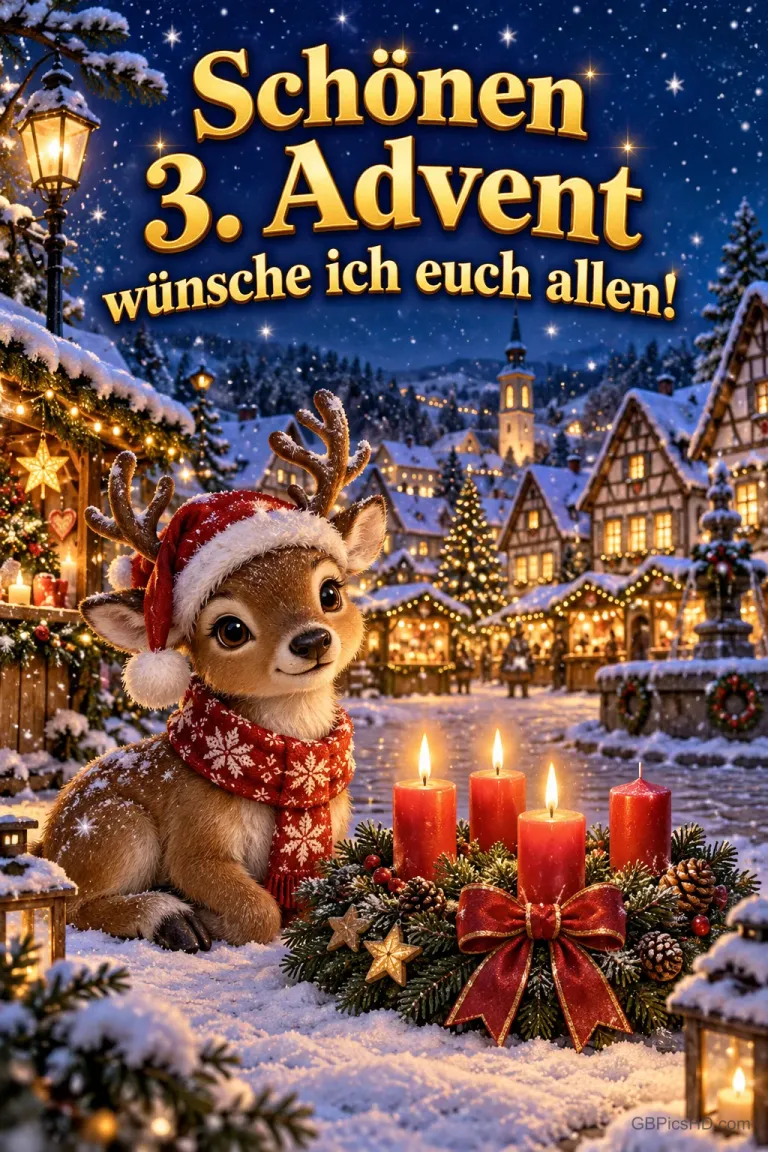 Ein süßes Rehkitz mit Nikolausmütze und Schal sitzt im verschneiten Dorf neben einem Adventskranz mit drei brennenden Kerzen, dazu der Text "Schönen 3. Advent wünsche ich euch allen!"