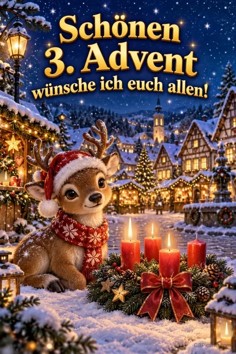 Ein süßes Rehkitz mit Nikolausmütze und Schal sitzt im verschneiten Dorf neben einem Adventskranz mit drei brennenden Kerzen, dazu der Text "Schönen 3. Advent wünsche ich euch allen!" Ein süßes Rehkitz mit Nikolausmütze und Schal sitzt im verschneiten Dorf neben einem Adventskranz mit drei brennenden Kerzen, dazu der Text "Schönen 3. Advent wünsche ich euch allen!"