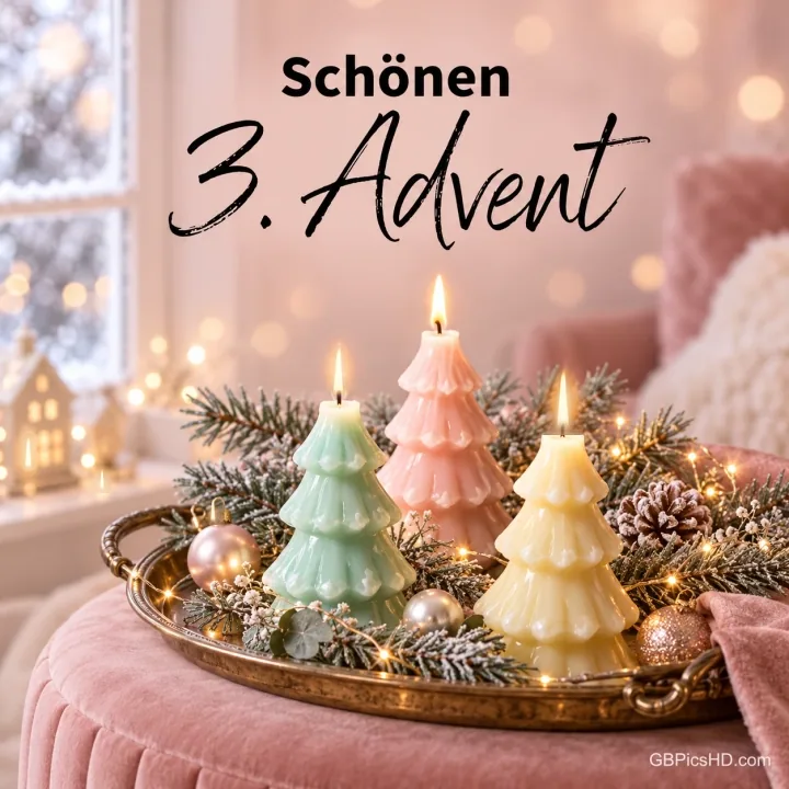 Drei brennende Kerzen in Tannenbaumform in Mint, Rosa und Gelb auf einem goldenen Tablett mit Zweigen und Kugeln vor einem verschneiten Fenster, Schriftzug "Schönen 3. Advent" Drei brennende Kerzen in Tannenbaumform in Mint, Rosa und Gelb auf einem goldenen Tablett mit Zweigen und Kugeln vor einem verschneiten Fenster, Schriftzug "Schönen 3. Advent"