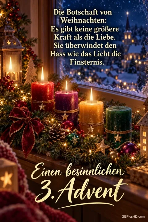 Vier farbige Kerzen auf einer geschmückten Fensterbank, drei davon brennen, draußen ein verschneites Dorf, dazu ein Text über die Kraft der Liebe zum 3. Advent Vier farbige Kerzen auf einer geschmückten Fensterbank, drei davon brennen, draußen ein verschneites Dorf, dazu ein Text über die Kraft der Liebe zum 3. Advent