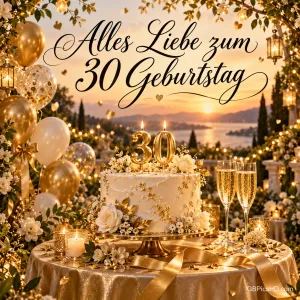 Eine Torte mit goldenen 30-Kerzen steht zwischen Ballons und Sektgläsern vor einem See unter "Alles Liebe zum 30. Geburtstag".