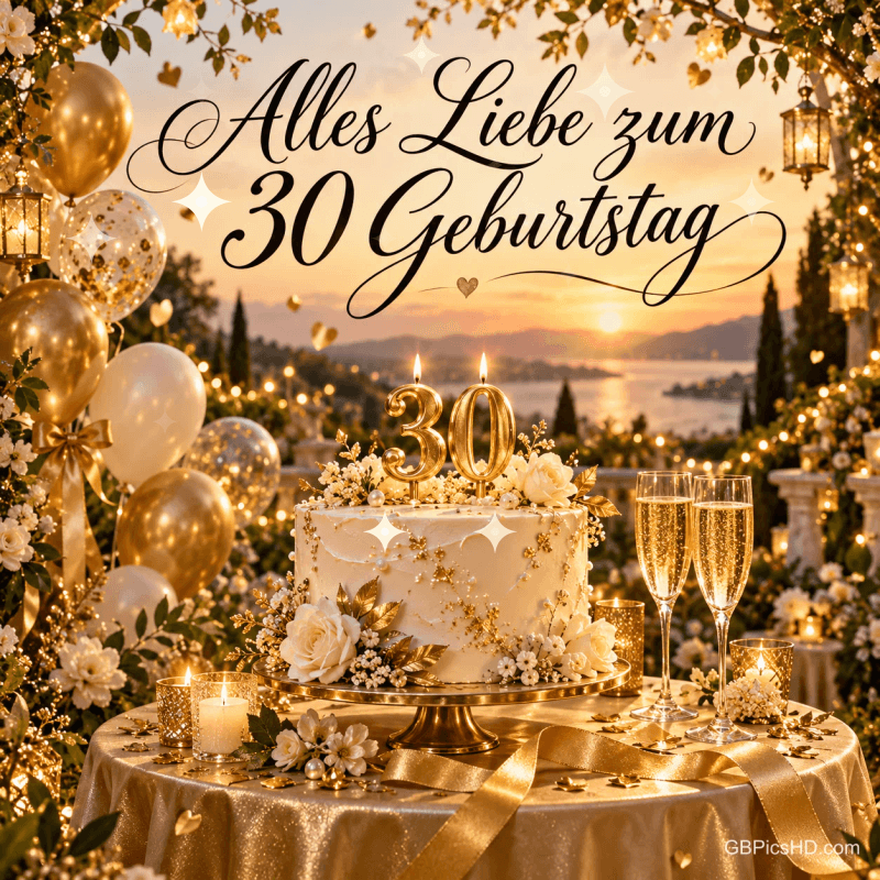 Eine Torte mit goldenen 30-Kerzen steht zwischen Ballons und Sektgläsern vor einem See unter "Alles Liebe zum 30. Geburtstag".