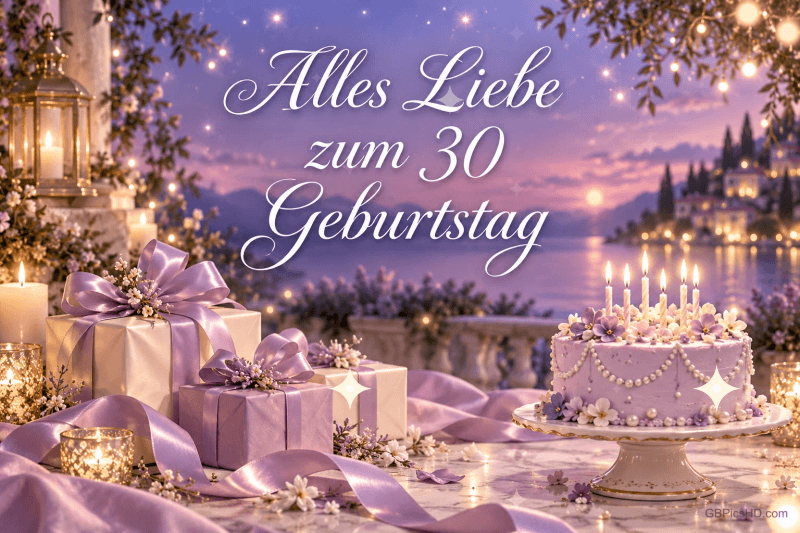 Lila Geschenke und eine lilafarbene Torte mit Kerzen stehen vor einem See in der Abenddämmerung unter "Alles Liebe zum 30. Geburtstag".