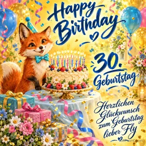 Ein Fuchs mit blauer Fliege sitzt neben einer Geburtstagstorte, Geschenken und Ballons; rechts steht "30. Geburtstag".