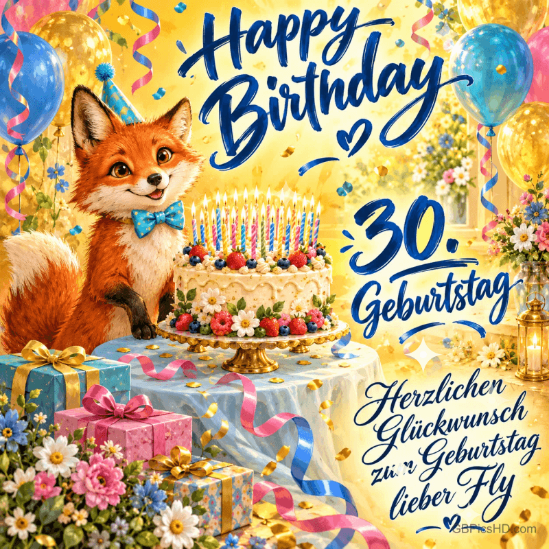 Ein Fuchs mit blauer Fliege sitzt neben einer Geburtstagstorte, Geschenken und Ballons; rechts steht "30. Geburtstag". Ein Fuchs mit blauer Fliege sitzt neben einer Geburtstagstorte, Geschenken und Ballons; rechts steht "30. Geburtstag".