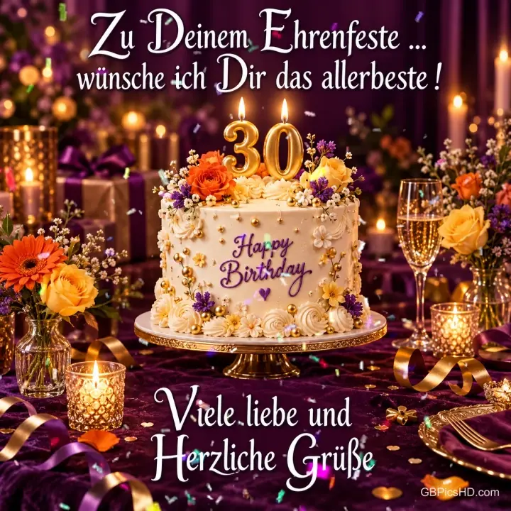 Eine Blumentorte mit goldenen 30-Kerzen steht zwischen Sekt, Blumen und Geschenken über "Viele liebe und herzliche Grüße". Eine Blumentorte mit goldenen 30-Kerzen steht zwischen Sekt, Blumen und Geschenken über "Viele liebe und herzliche Grüße".