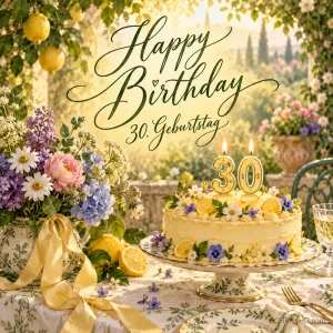 Eine gelbe Blumentorte mit brennenden 30-Kerzen steht im sonnigen Zitronengarten unter "Happy Birthday" und "30. Geburtstag".