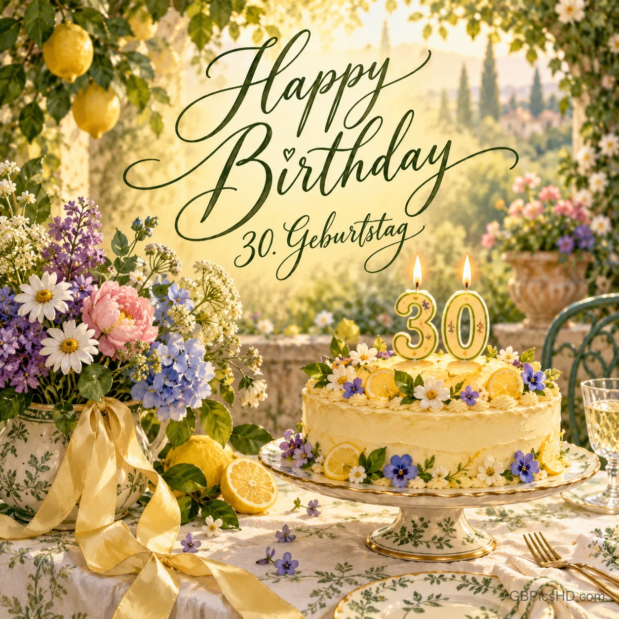 Eine gelbe Blumentorte mit brennenden 30-Kerzen steht im sonnigen Zitronengarten unter "Happy Birthday" und "30. Geburtstag".
