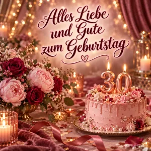Rosa Torte mit brennenden 30-Kerzen, Rosen und Pfingstrosen unter dem Gruß "Alles Liebe und Gute zum Geburtstag".