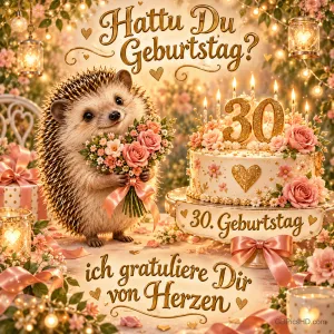 Ein Igel mit Blumenstrauß neben einer Torte mit goldener 30 und dem Gruß "Ich gratuliere Dir von Herzen".