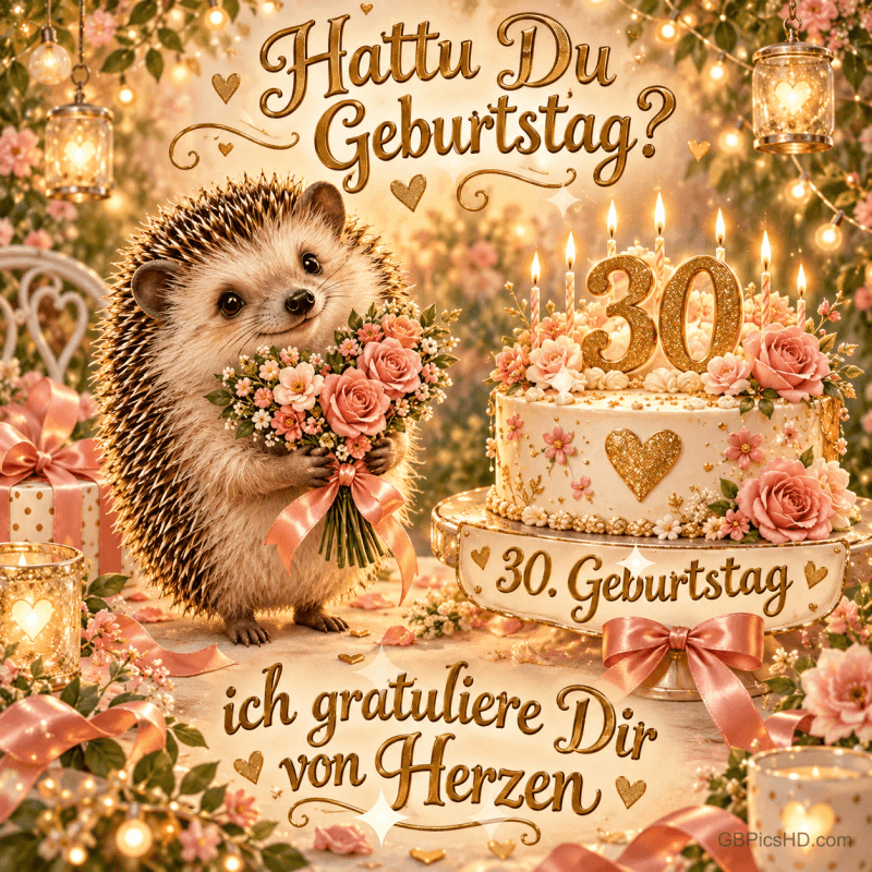 Ein Igel mit Blumenstrauß neben einer Torte mit goldener 30 und dem Gruß "Ich gratuliere Dir von Herzen". Ein Igel mit Blumenstrauß neben einer Torte mit goldener 30 und dem Gruß "Ich gratuliere Dir von Herzen".