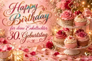 Rosenverzierte Cupcakes auf einer Etagere und Kerzen begleiten auf rosa Grund den Gruß "Happy Birthday für deine Enkeltochter 30. Geburtstag".